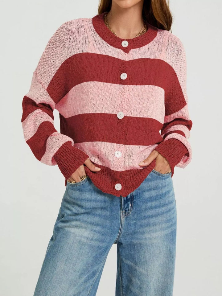Wide stripe button-down knit cardigan with ribbed trim