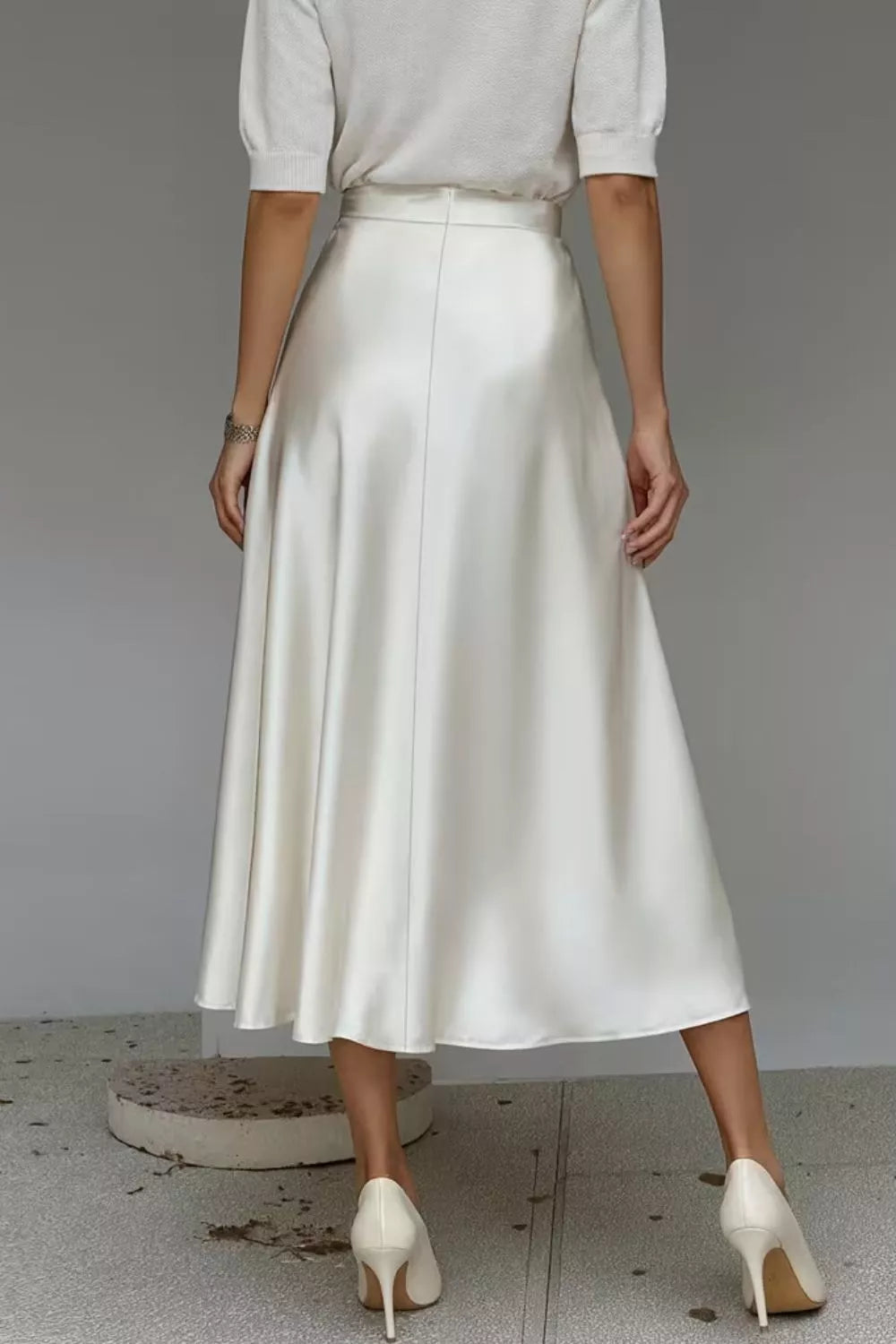 High-waist satin A-line midi skirt with pockets
