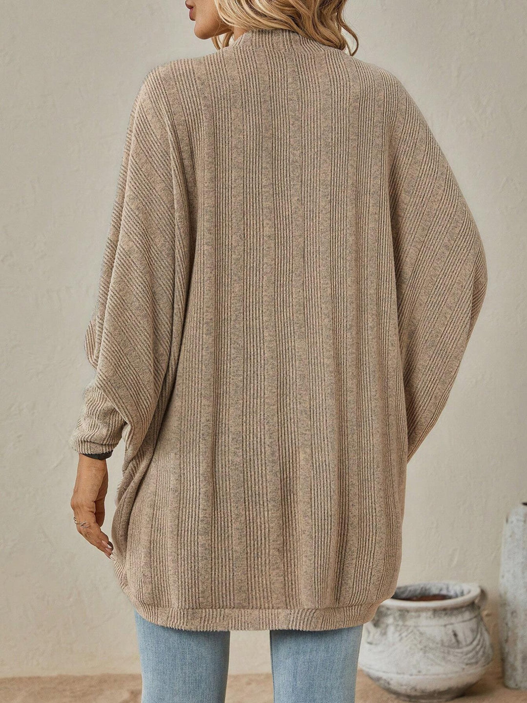 Ribbed open-front batwing sleeve cardigan