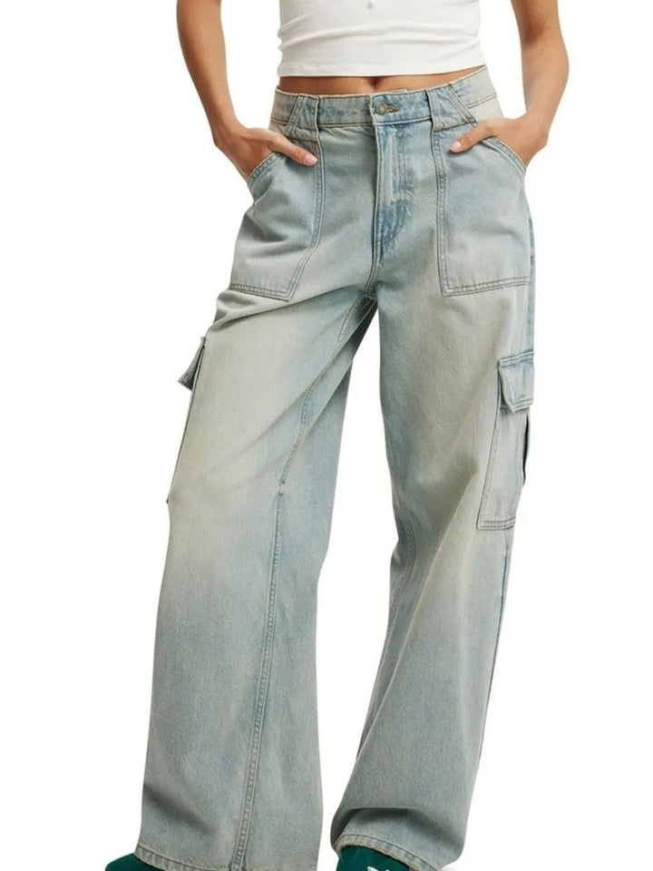 Light Blue Wide leg cargo jeans with side flap pockets