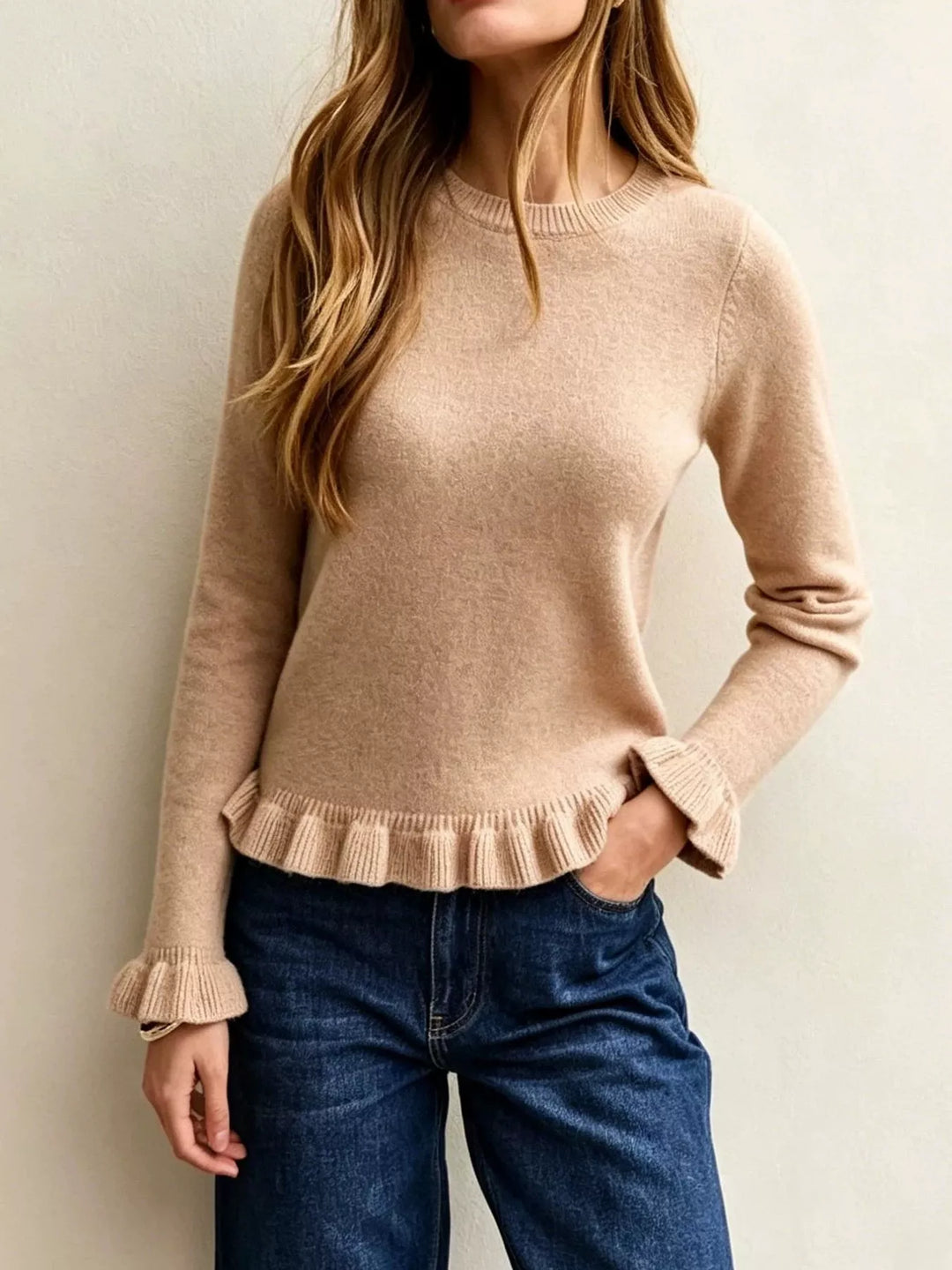 Khaki Ruffle hem crew neck knit sweater with ruffled cuffs