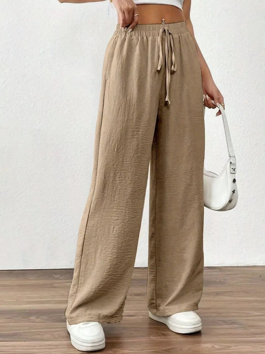 Khaki Casual Drawstring Wide Leg Pants