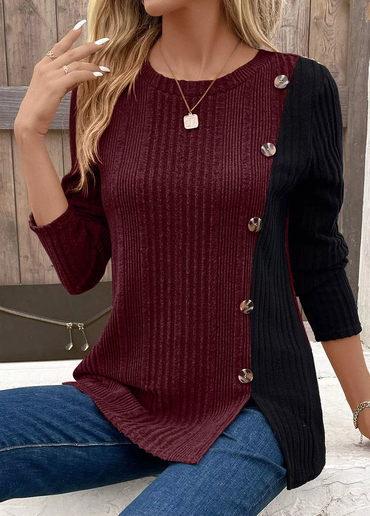 Burgundy Color block ribbed knit top with button trim