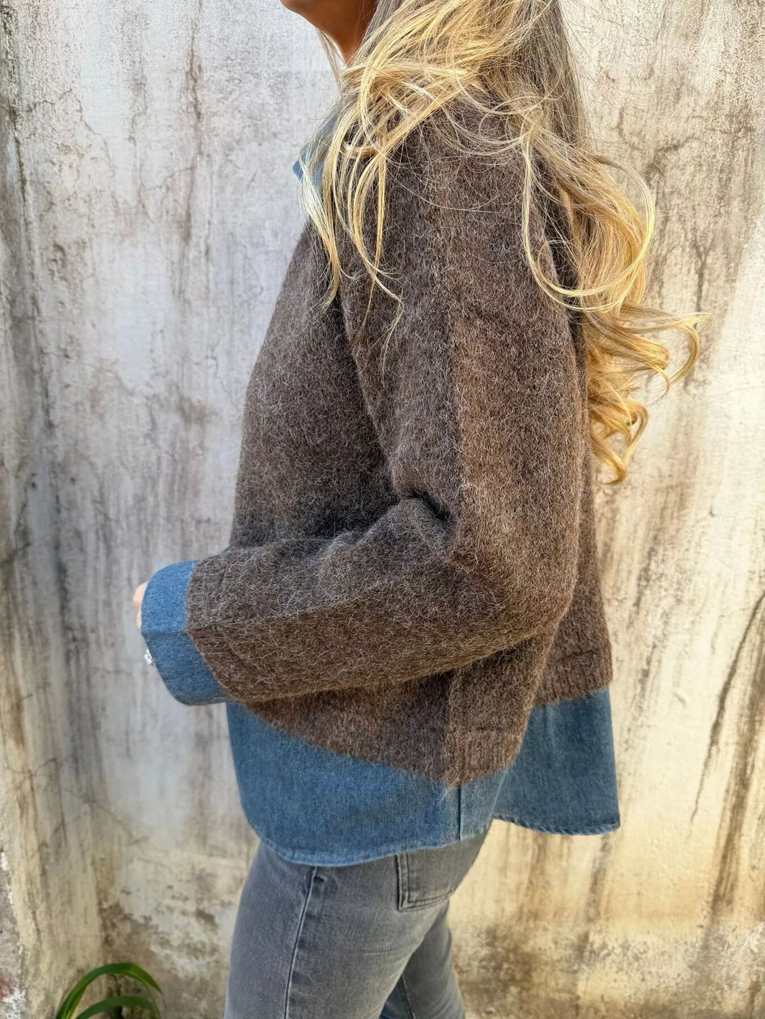 Denim collar half-zip knit sweater with layered hem