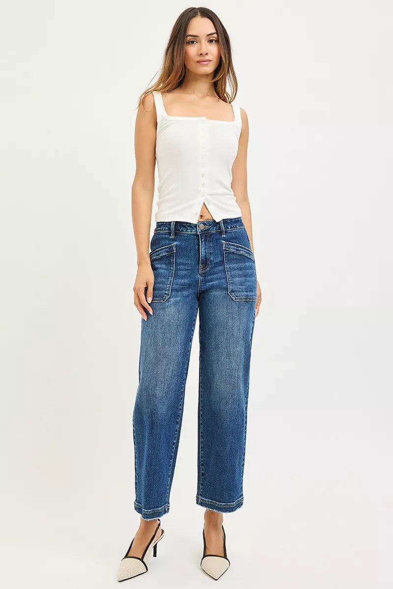 Wide-leg cropped jeans with patch pockets and raw hem