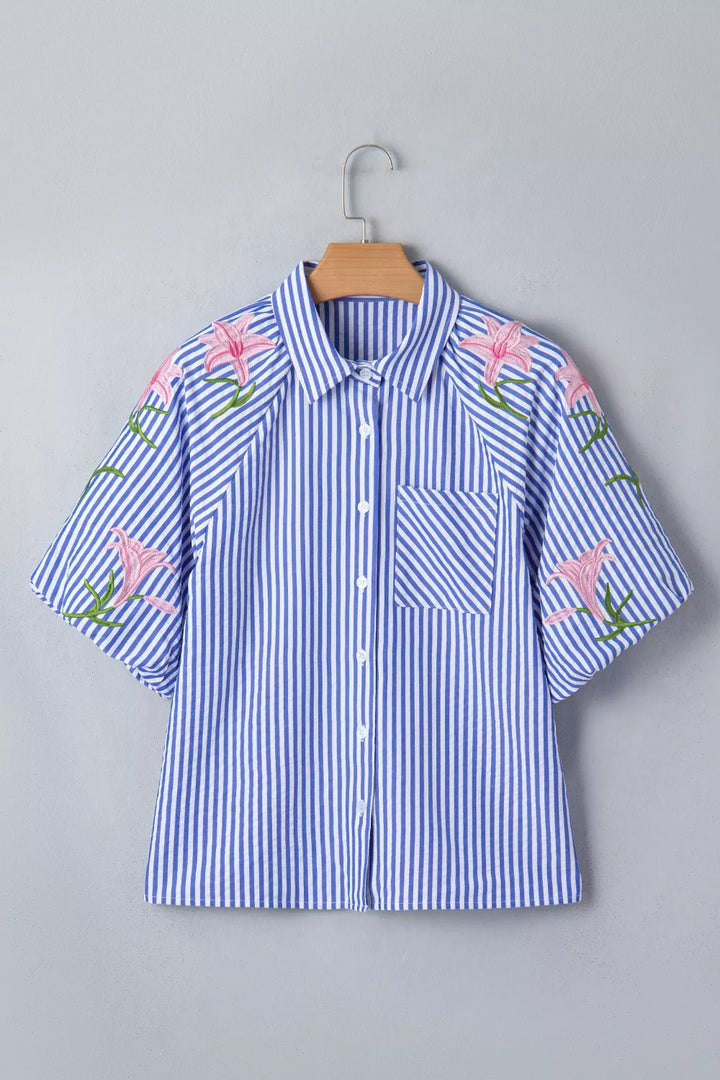 Striped floral-embroidered puff sleeve button-down shirt