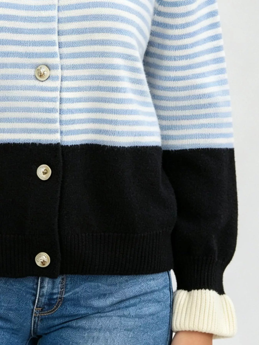 Striped color block button-up cardigan with ruffle cuffs