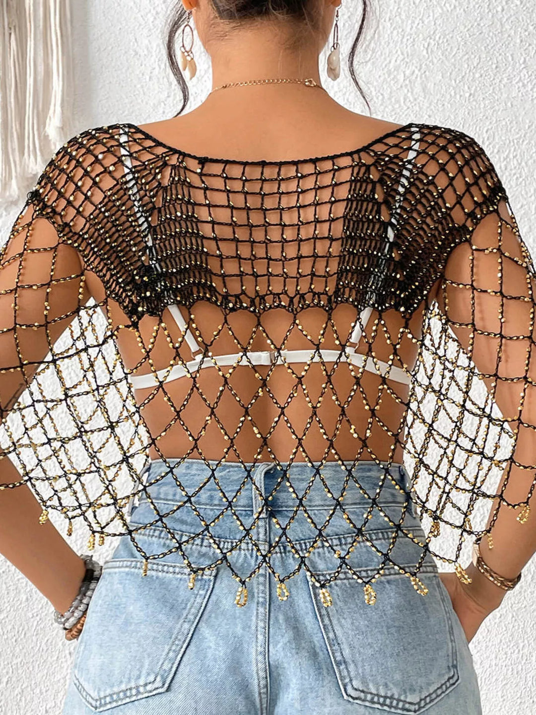 Beaded crochet v-neck open-weave cover-up