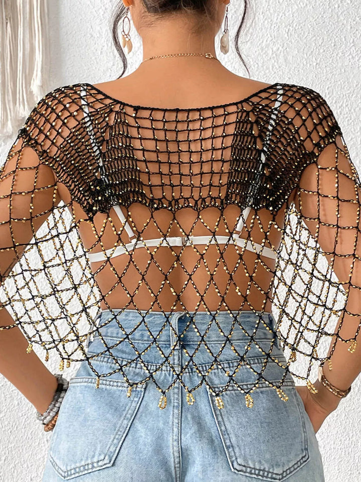 Beaded crochet v-neck open-weave cover-up