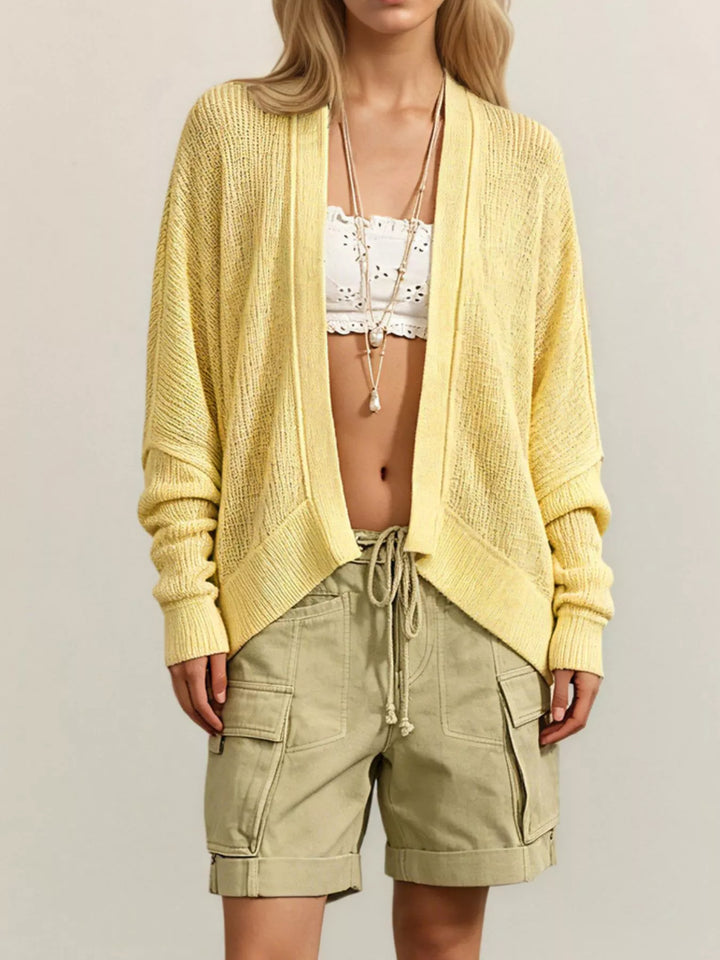 Yellow Open-front waffle knit cardigan with ribbed cuffs