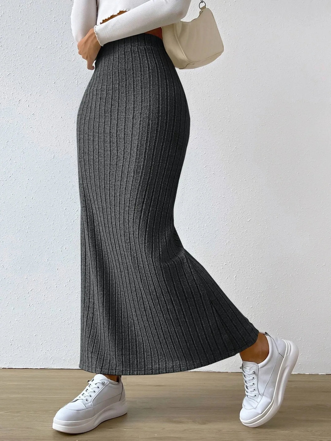 Ribbed knit high-waist maxi skirt with front slit
