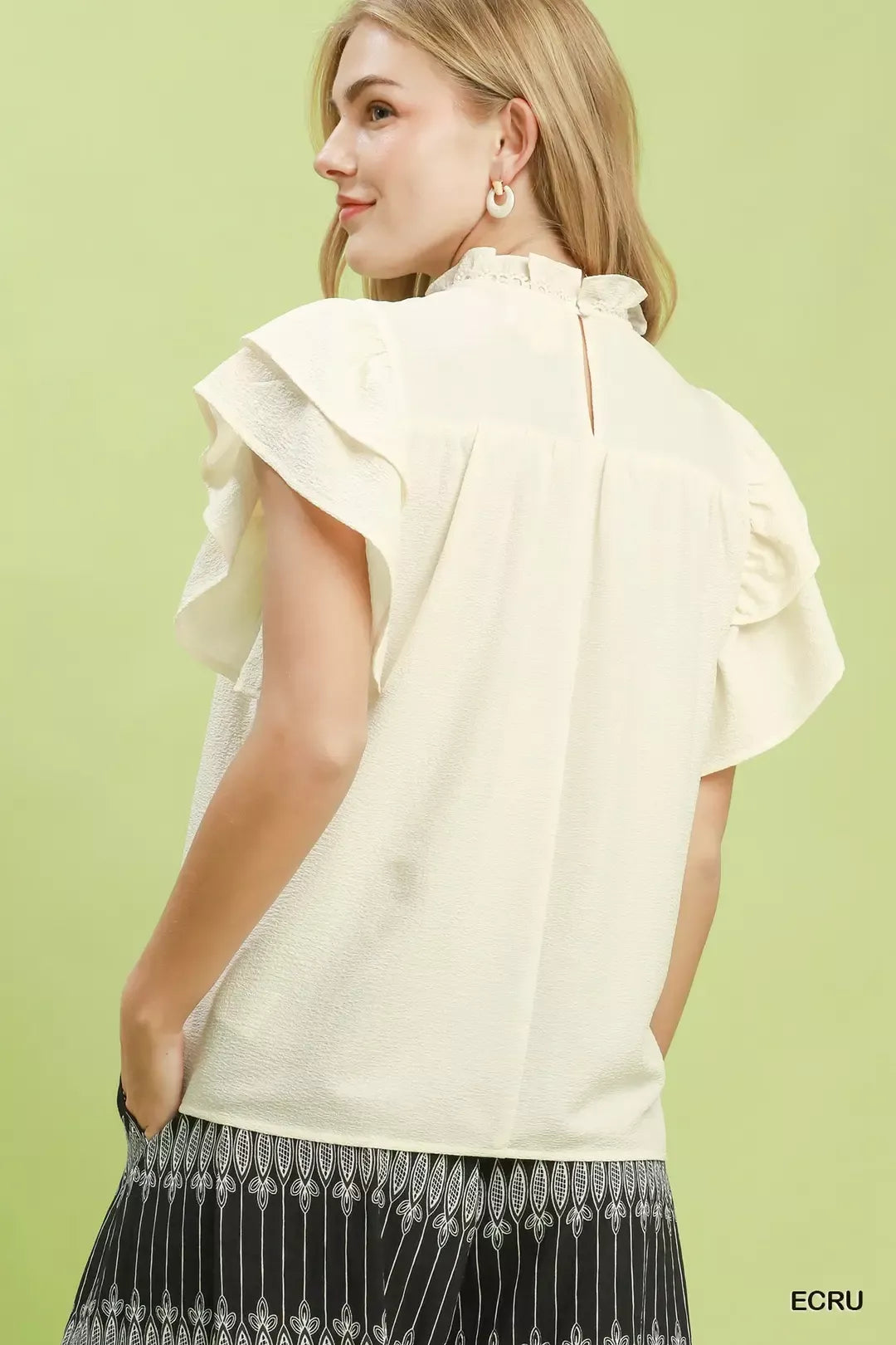 Smocked yoke ruffle flutter sleeve blouse
