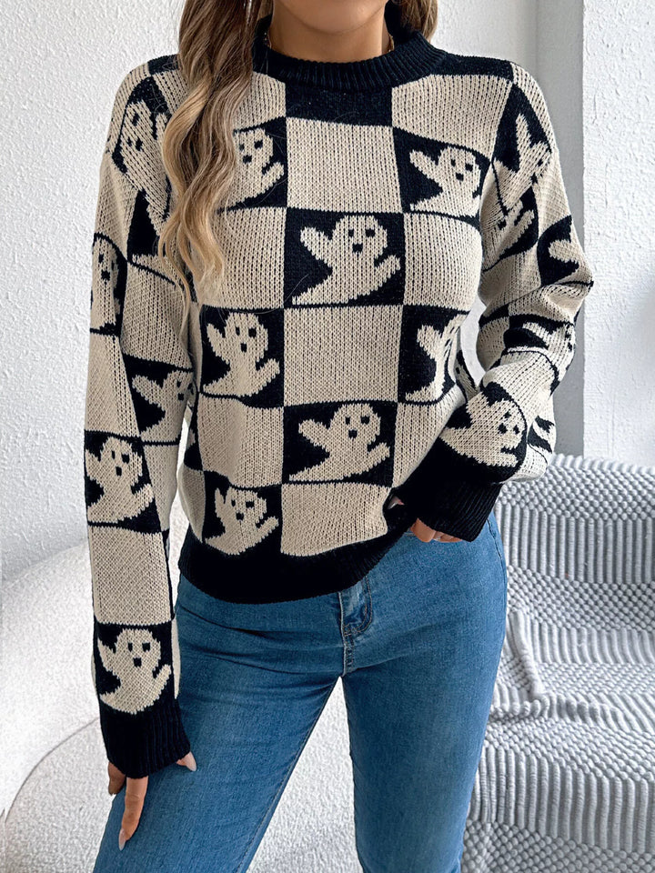 Checkered ghost print crew neck sweater with ribbed cuffs