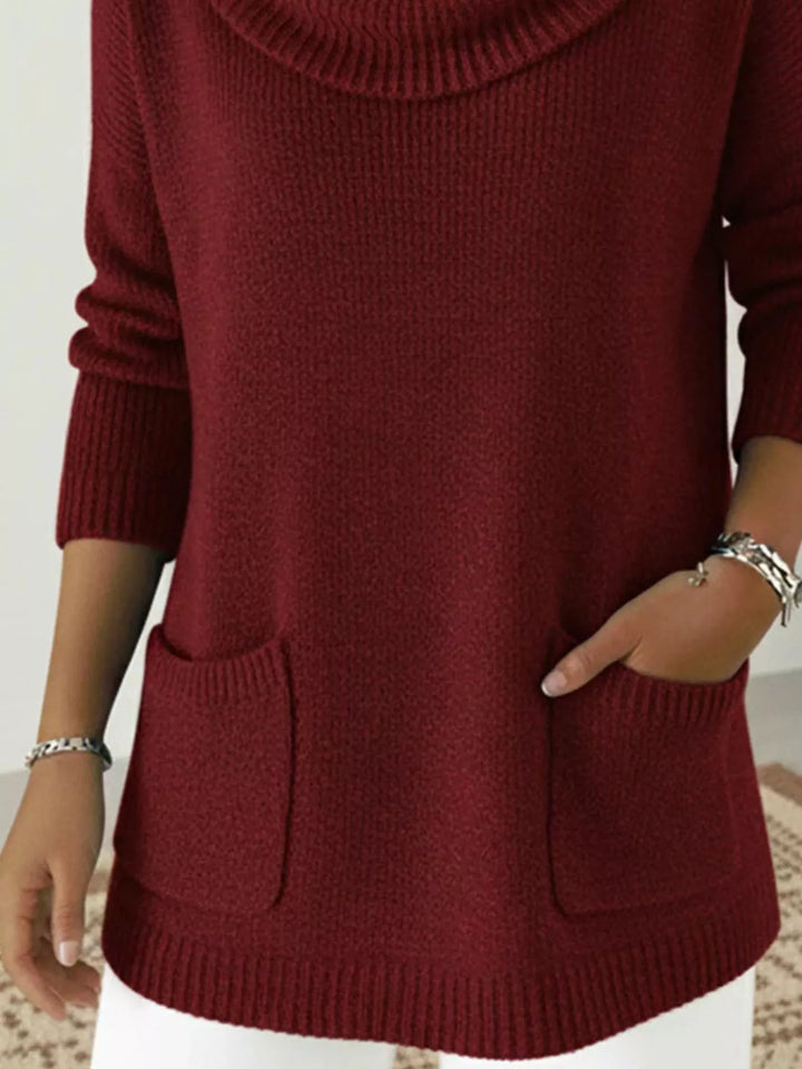Cowl neck long sleeve knit sweater with front pockets