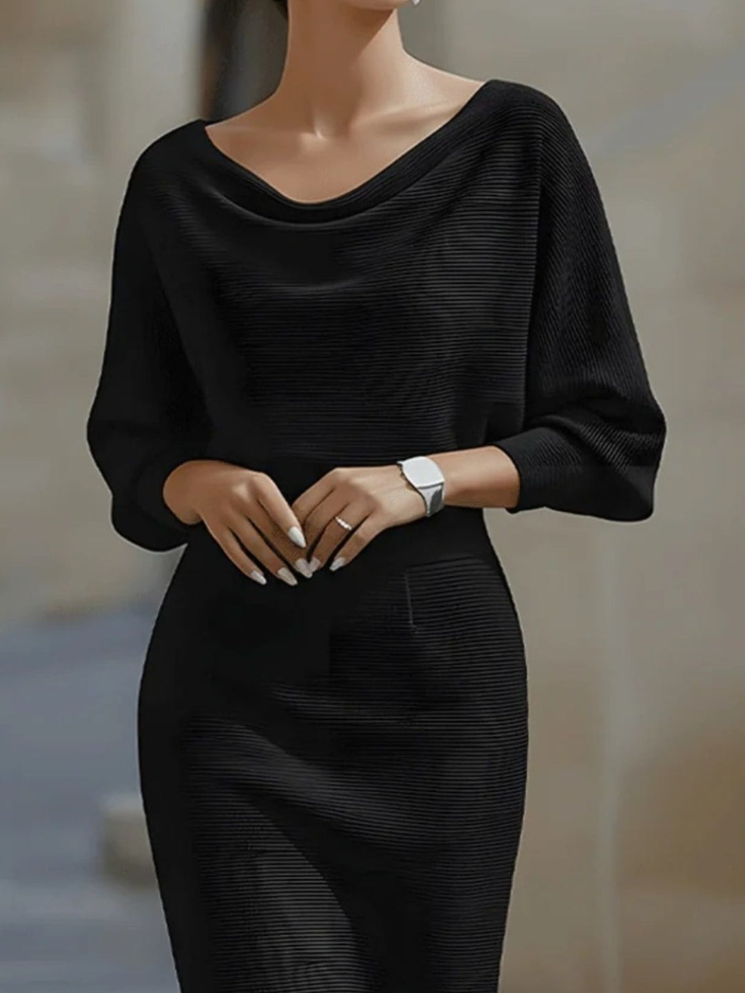 Cowl neck batwing ribbed knit bodycon midi dress