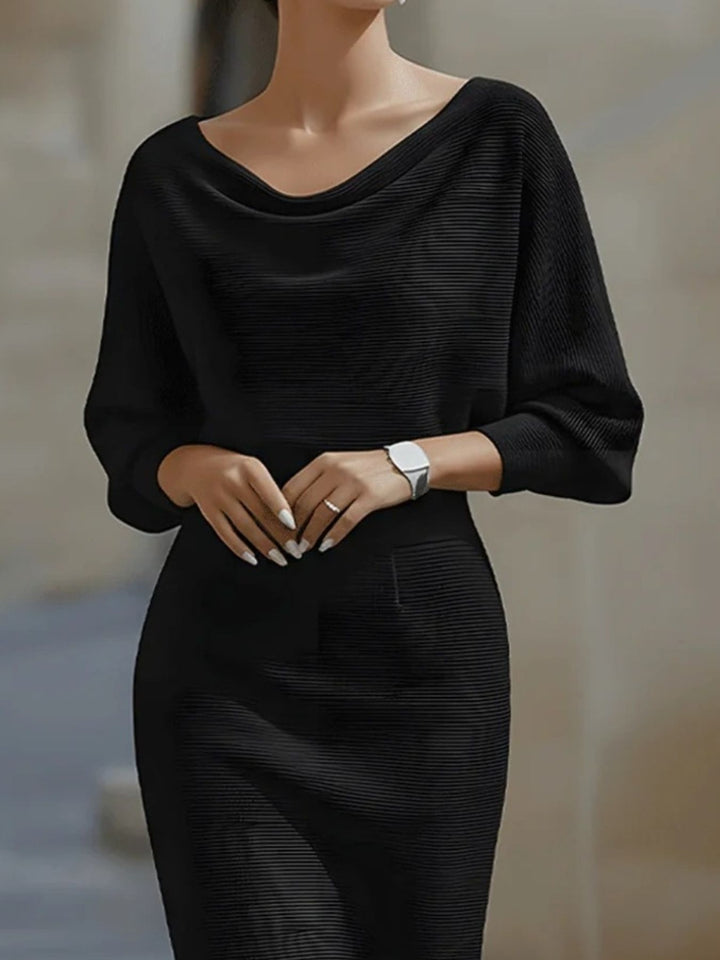 Cowl neck batwing ribbed knit bodycon midi dress