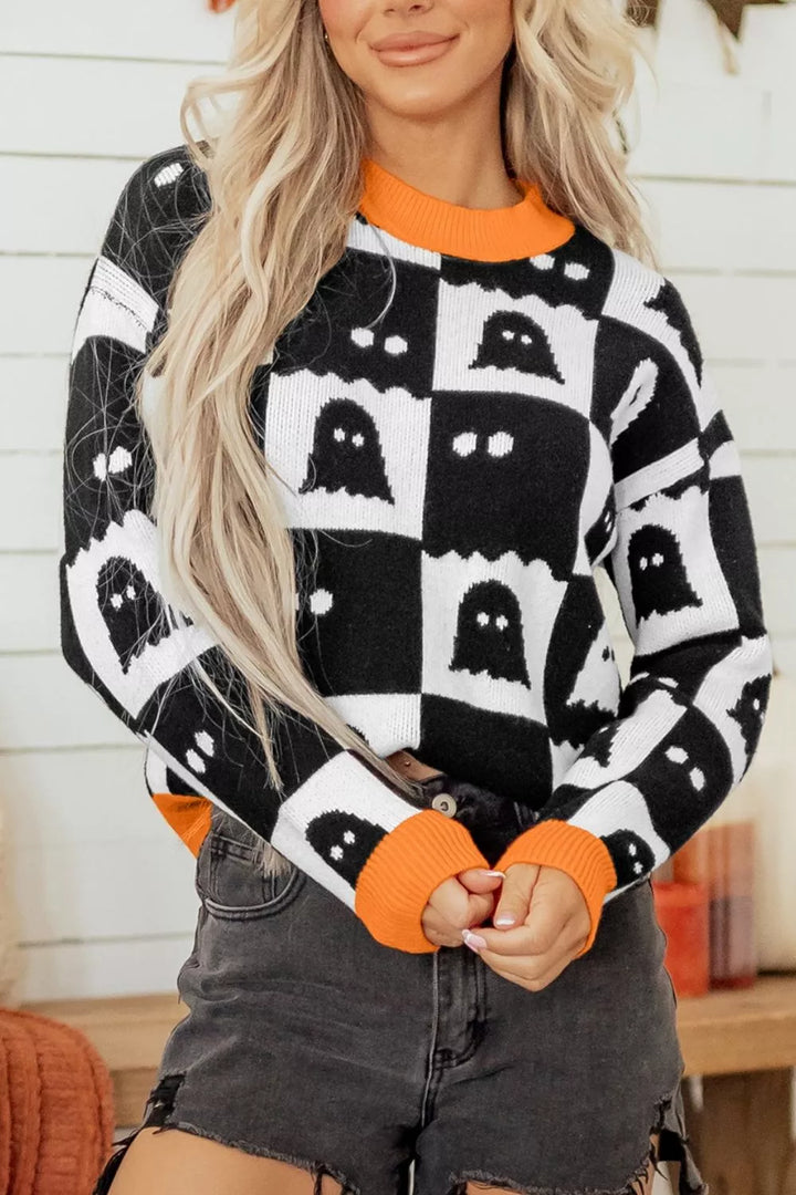 Black Ghost checkerboard knit sweater with contrast ribbed trim