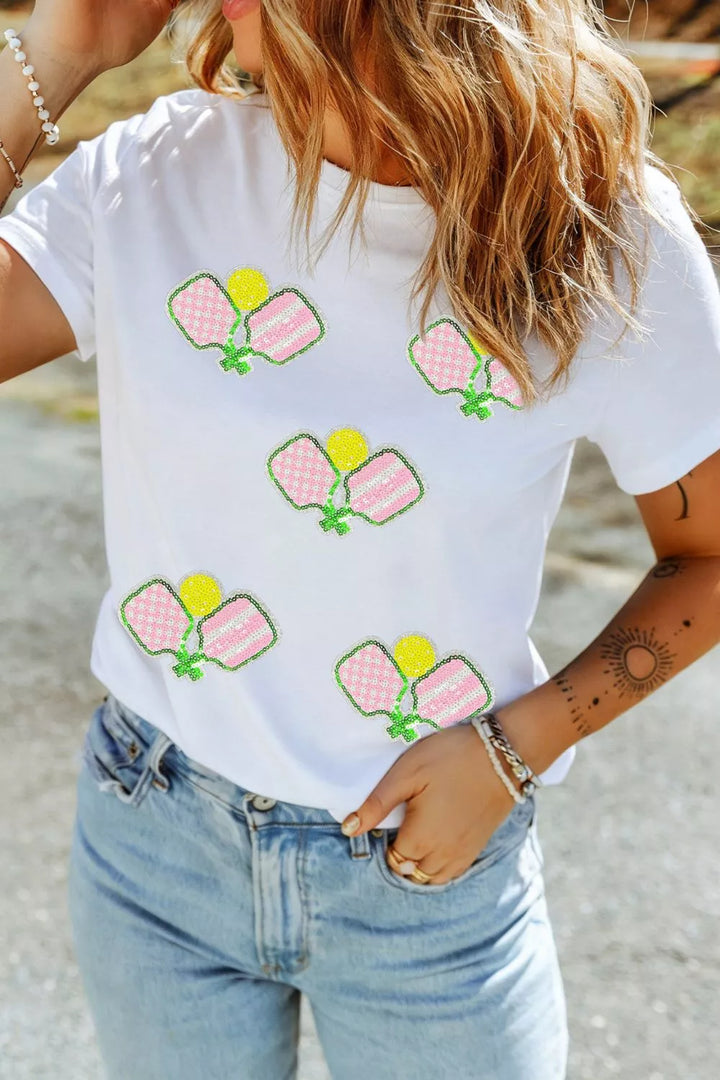 Scattered sequin pickleball graphic short sleeve tee
