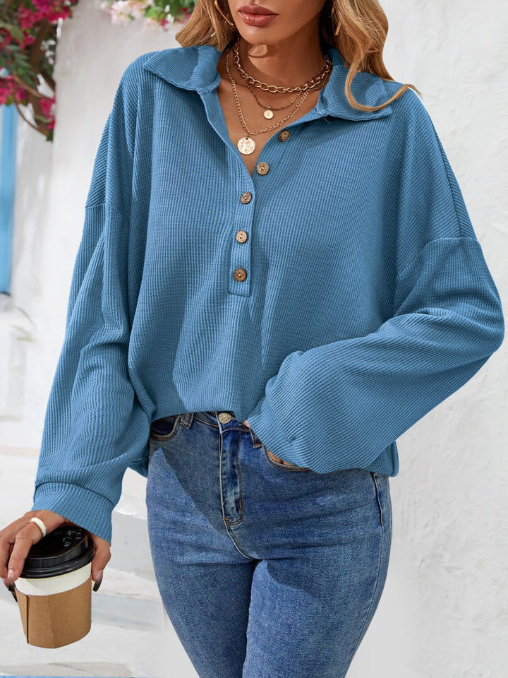 Dusty  Blue Waffle knit half-button collared long sleeve top