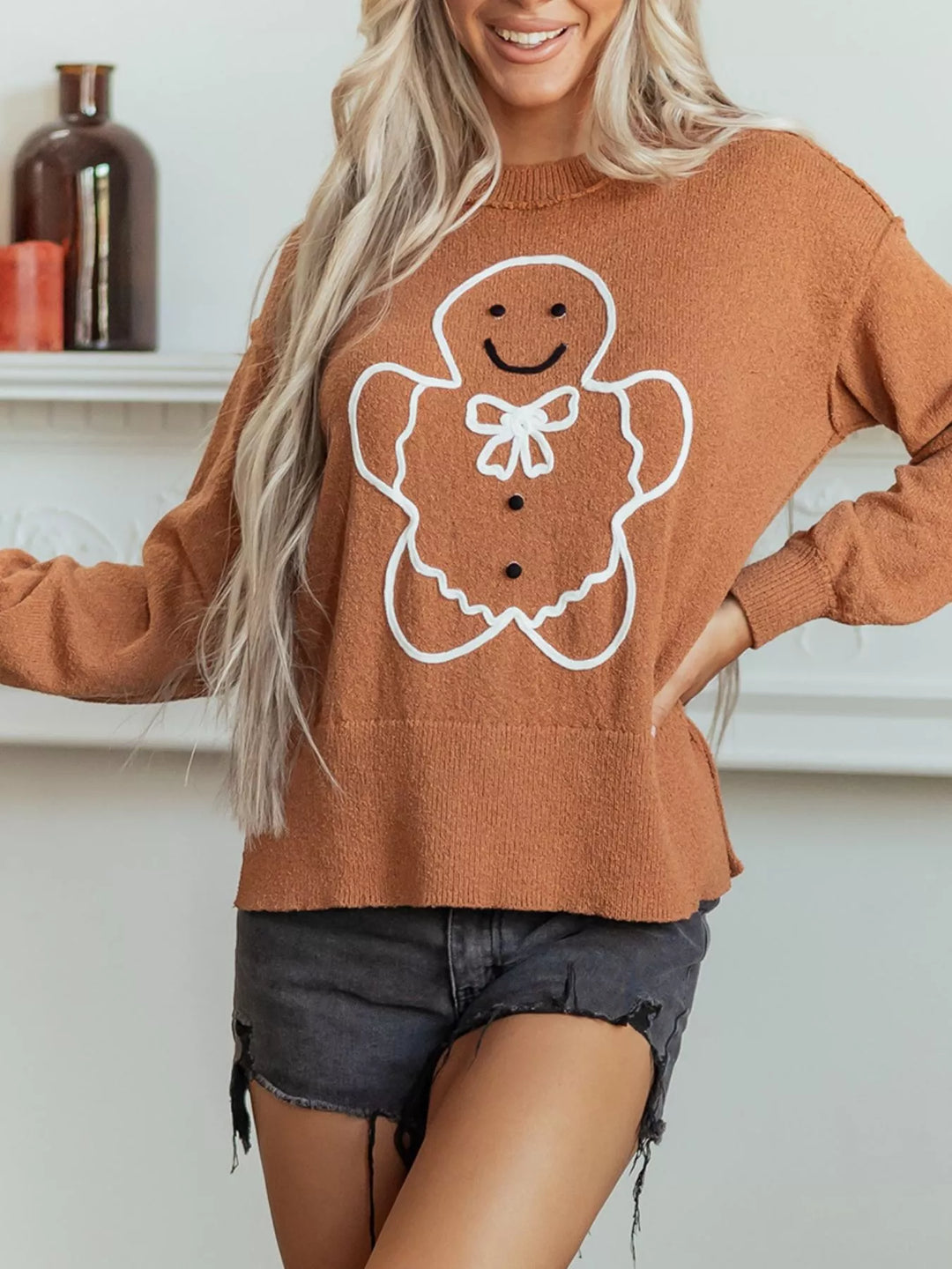Gingerbread man embroidered drop shoulder knit sweater