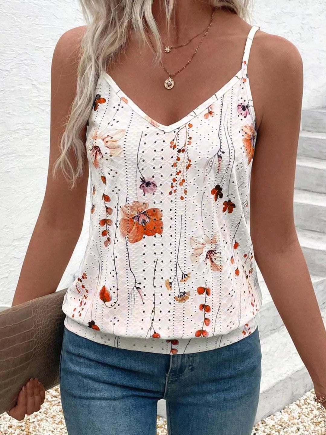 Floral eyelet cami with V-neck and spaghetti straps