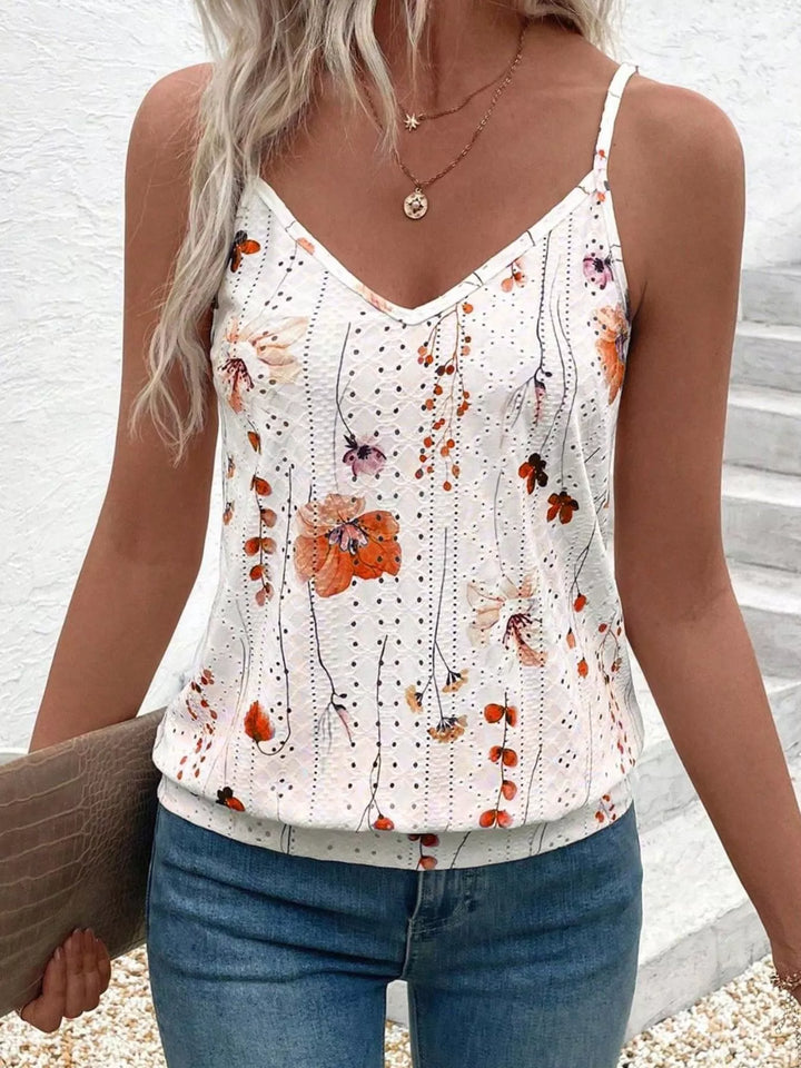 Floral eyelet cami with V-neck and spaghetti straps