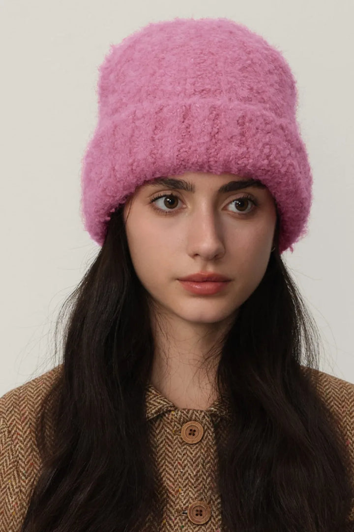 Hot Pink Fuzzy brushed knit cuffed beanie with slouchy crown