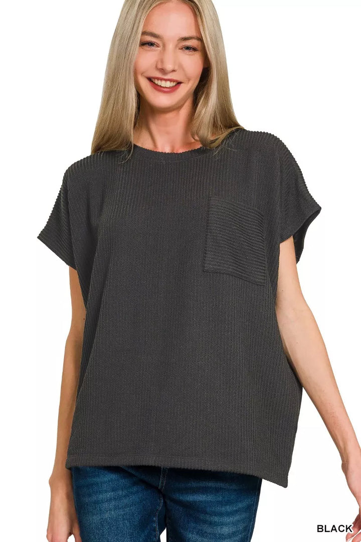 BLACK Ribbed knit boxy top with front patch pocket
