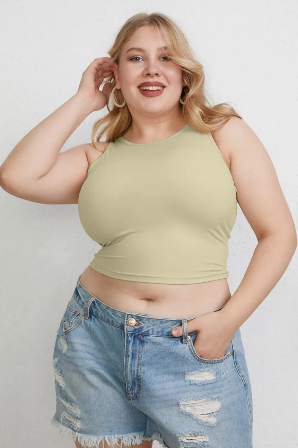 Slim-fit round neck tank top with high neckline
