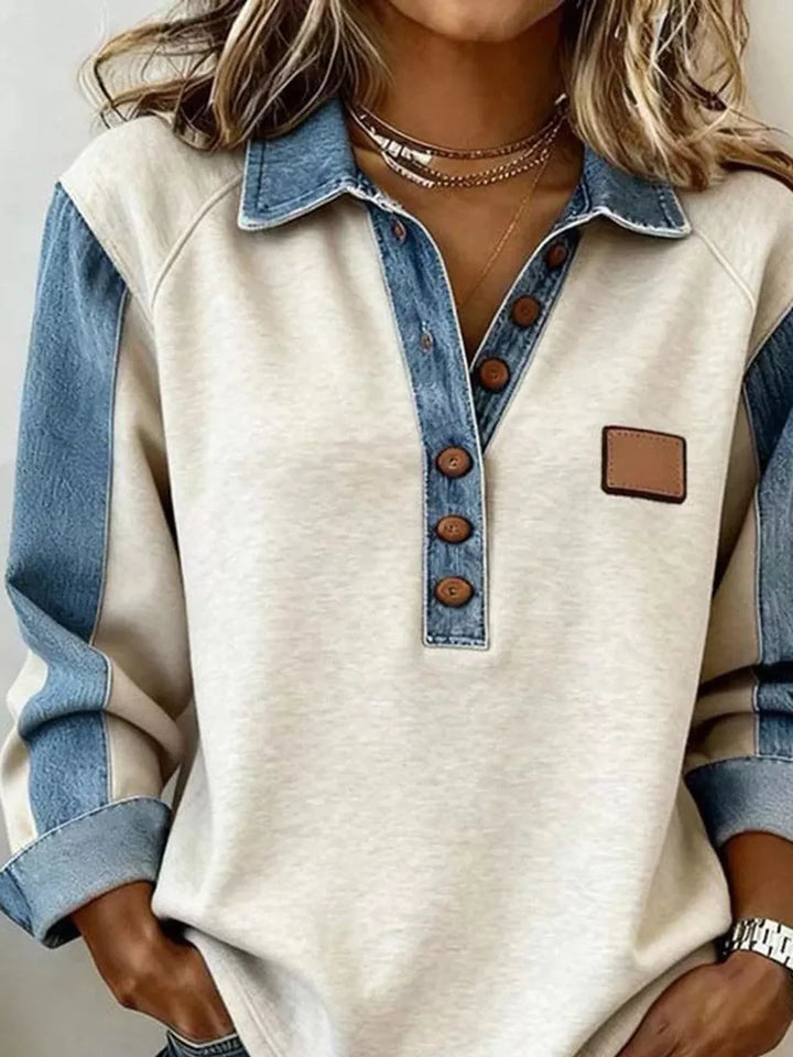 Denim collar button pullover sweatshirt with leather patch