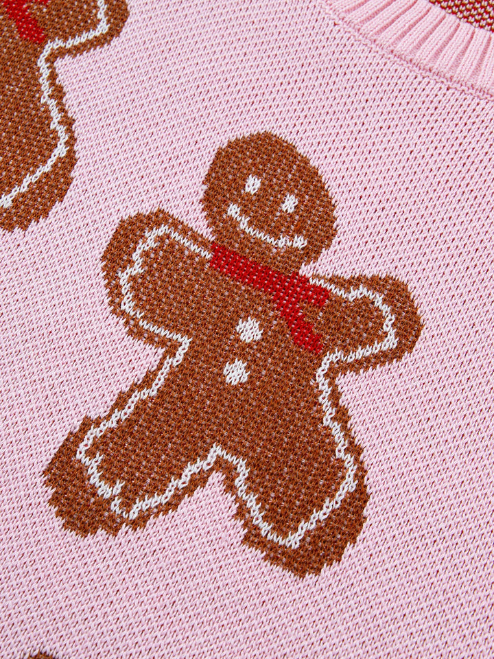 Gingerbread man knit pullover sweater with drop shoulders