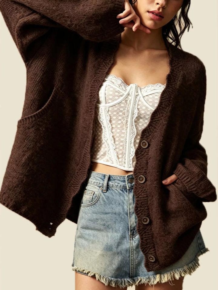 Oversized V-neck button-down knit cardigan with textured trim