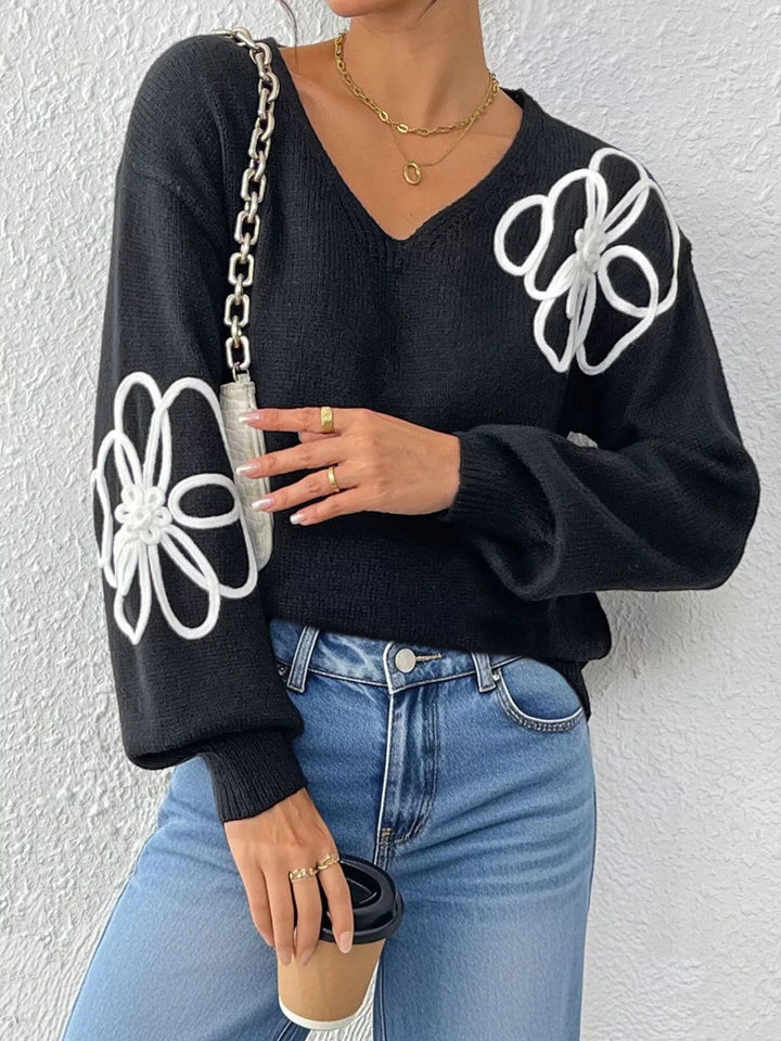 Floral applique V-neck drop shoulder knit sweater