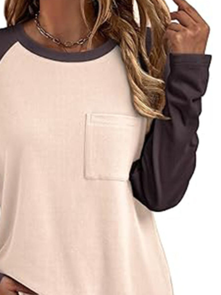 Colorblock raglan long sleeve tee with chest pocket