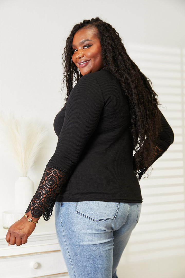 Ribbed knit henley top with crochet lace cuffs