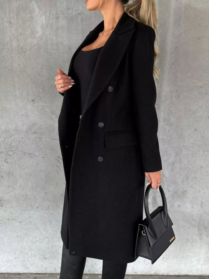 Double-breasted longline coat with notch lapel and flap pockets