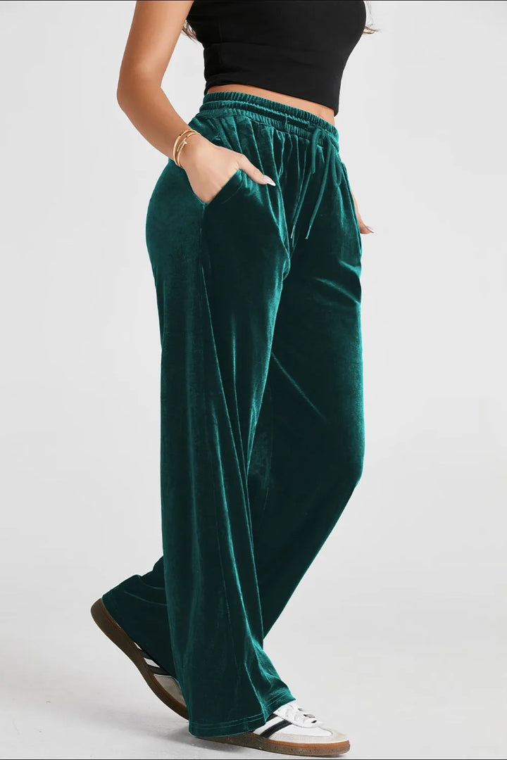 Velvet wide-leg drawstring pants with side pockets