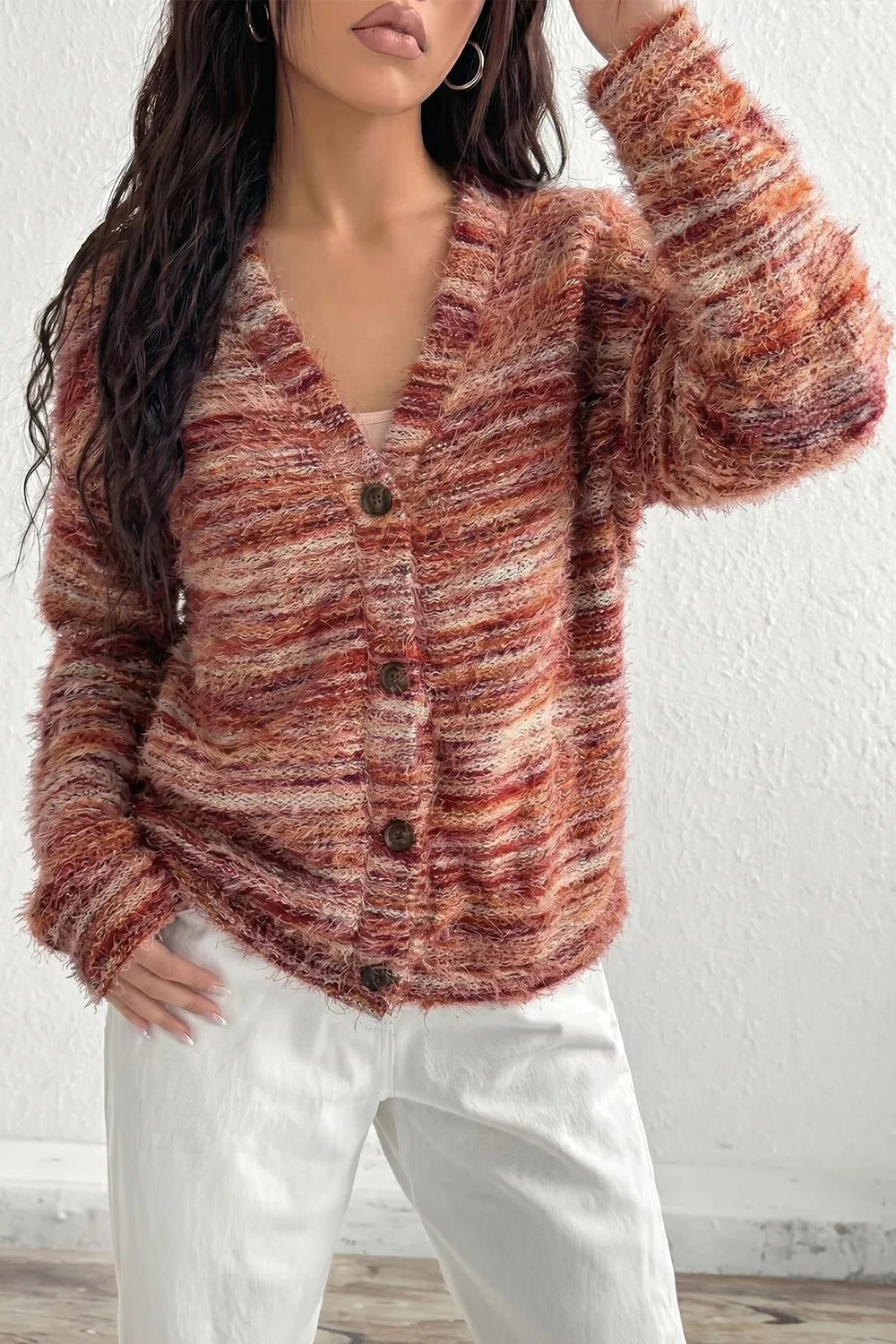 Fuzzy space-dye striped button-front cardigan sweater