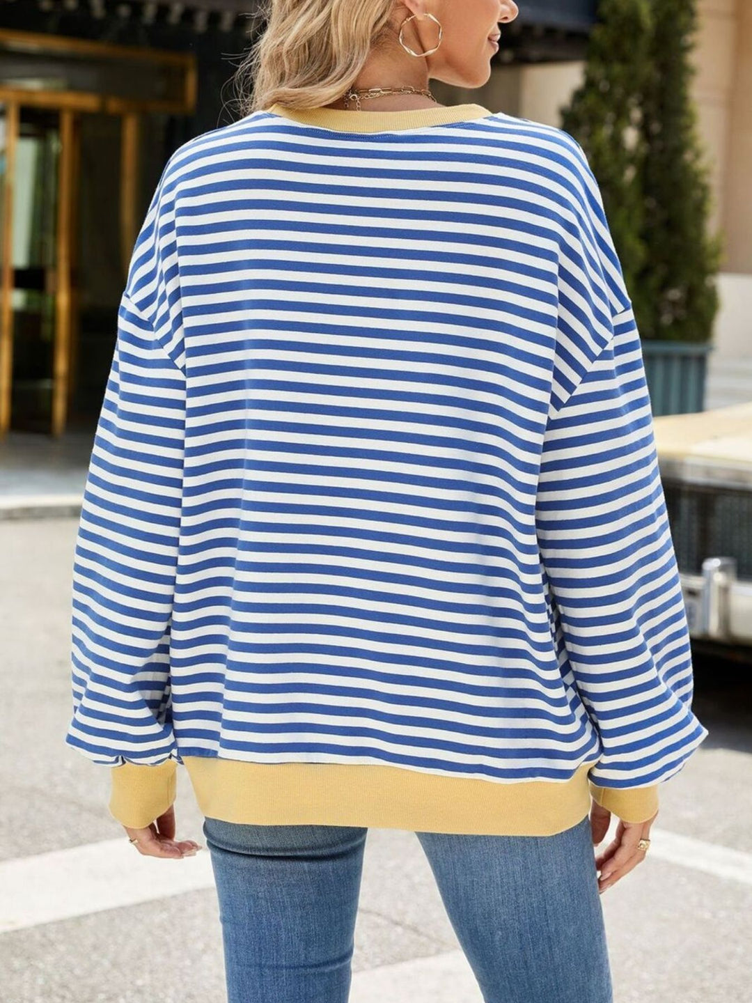 Striped crew neck sweatshirt with contrast ribbed trim