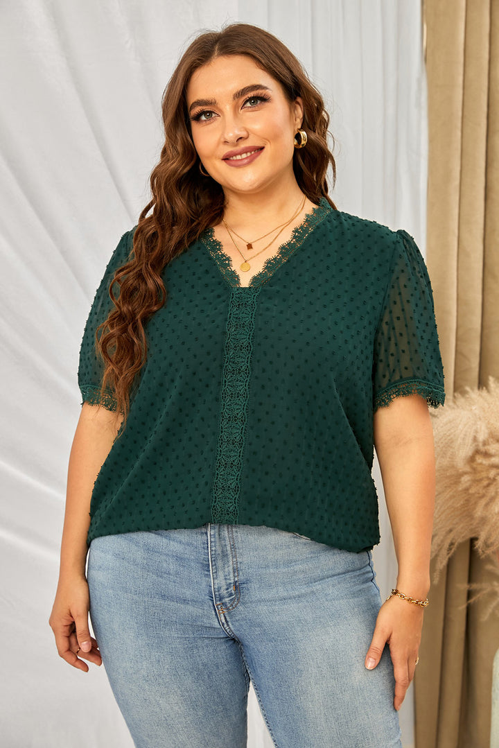 Dark Green Plus size Swiss dot blouse with crochet lace V-neck