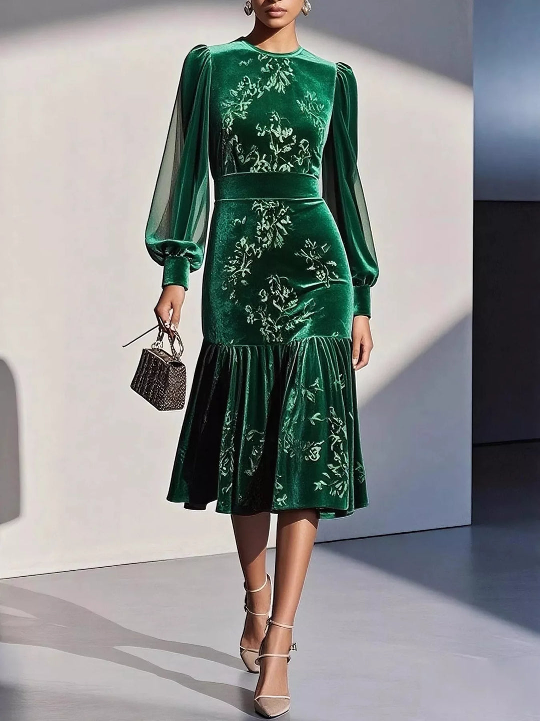 Wine Red Floral velvet midi dress with sheer lantern sleeves