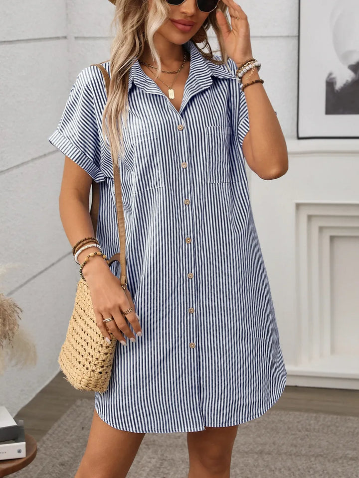 Striped button-down short sleeve mini shirt dress