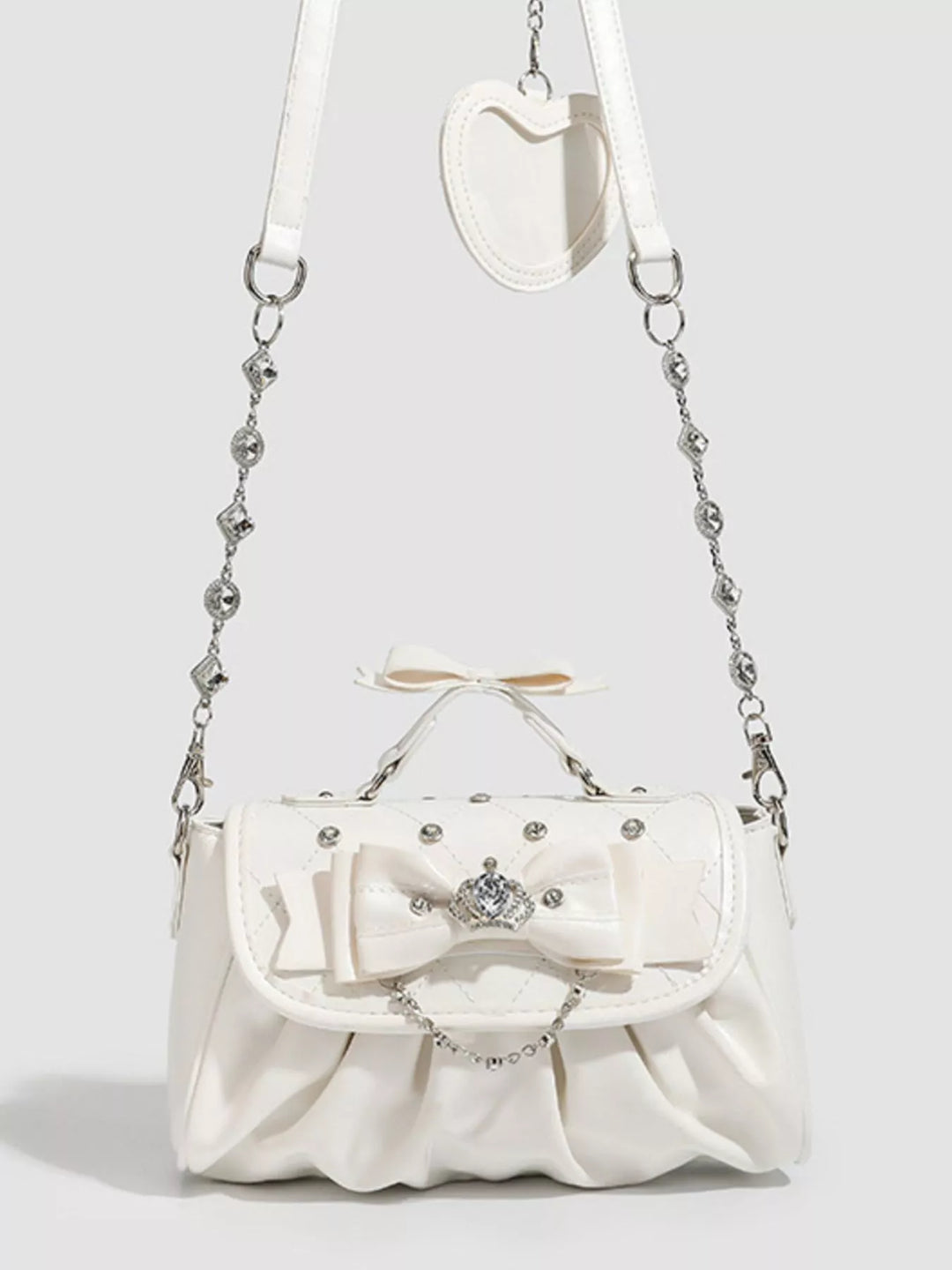 White Ruched bow crossbody bag with rhinestone chain strap