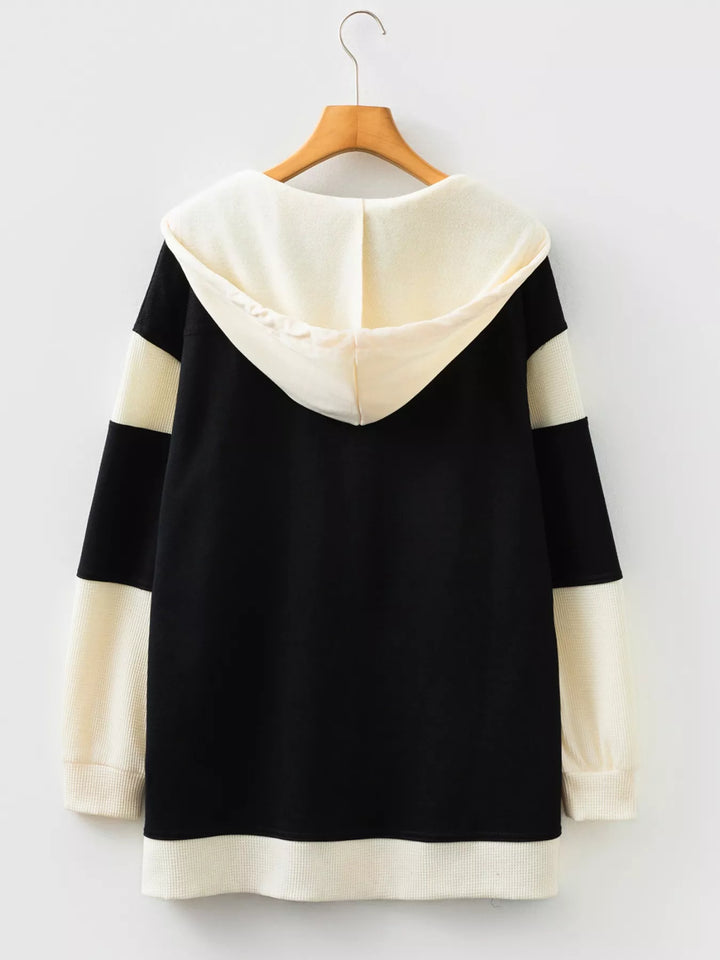 Color block button-down hoodie with waffle-knit trim