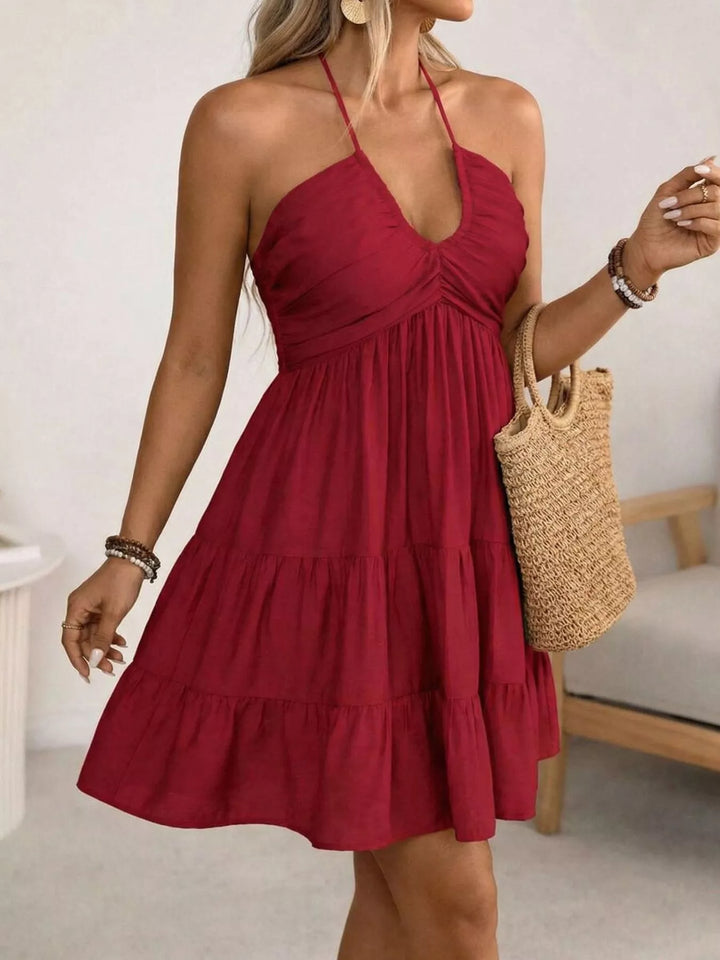 Plus size halter neck tiered ruffle mini dress