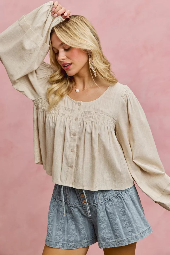 Smocked button-front puff sleeve linen blend top