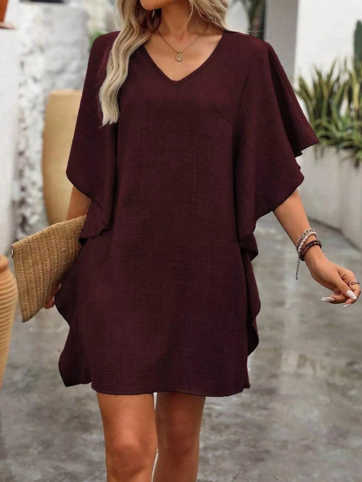 Burgundy Flutter sleeve V-neck relaxed mini shift dress