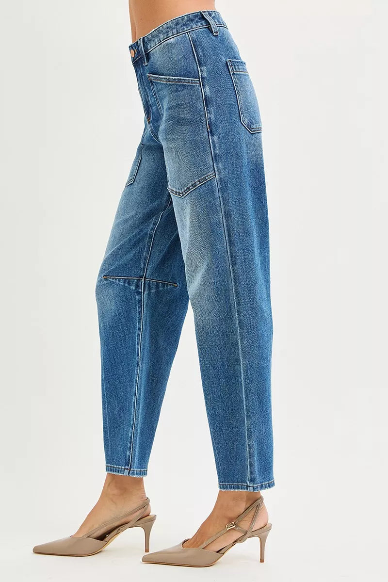 Mid-rise barrel leg jeans with front patch pockets
