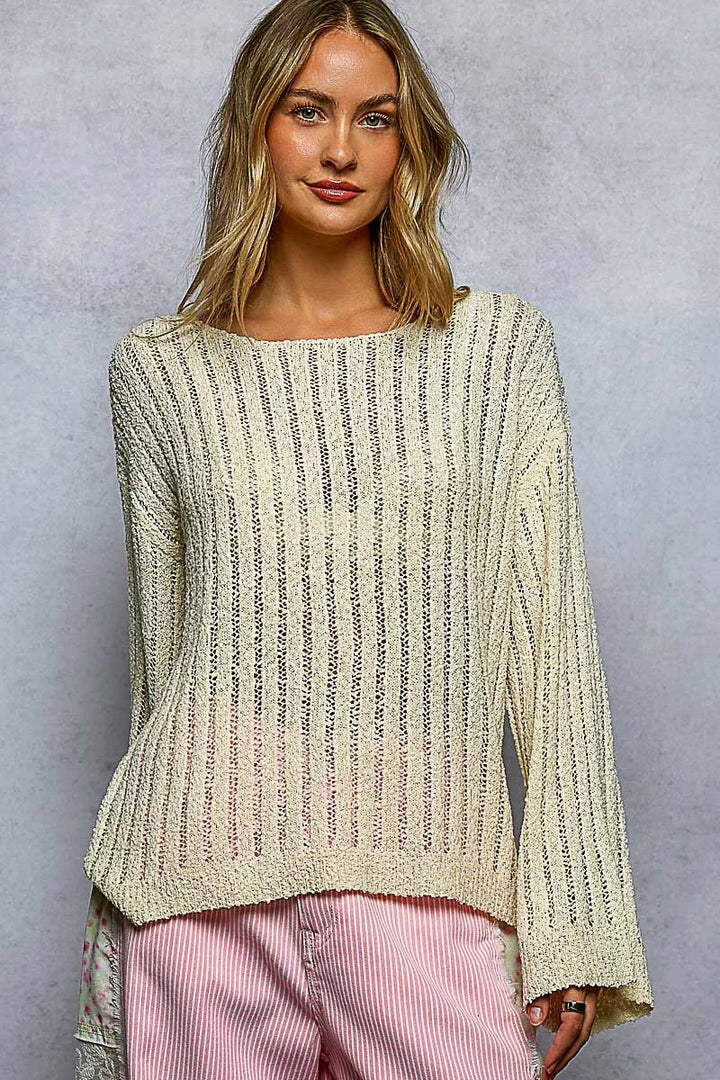 NATURAL Open-weave pointelle knit sweater with wide neckline