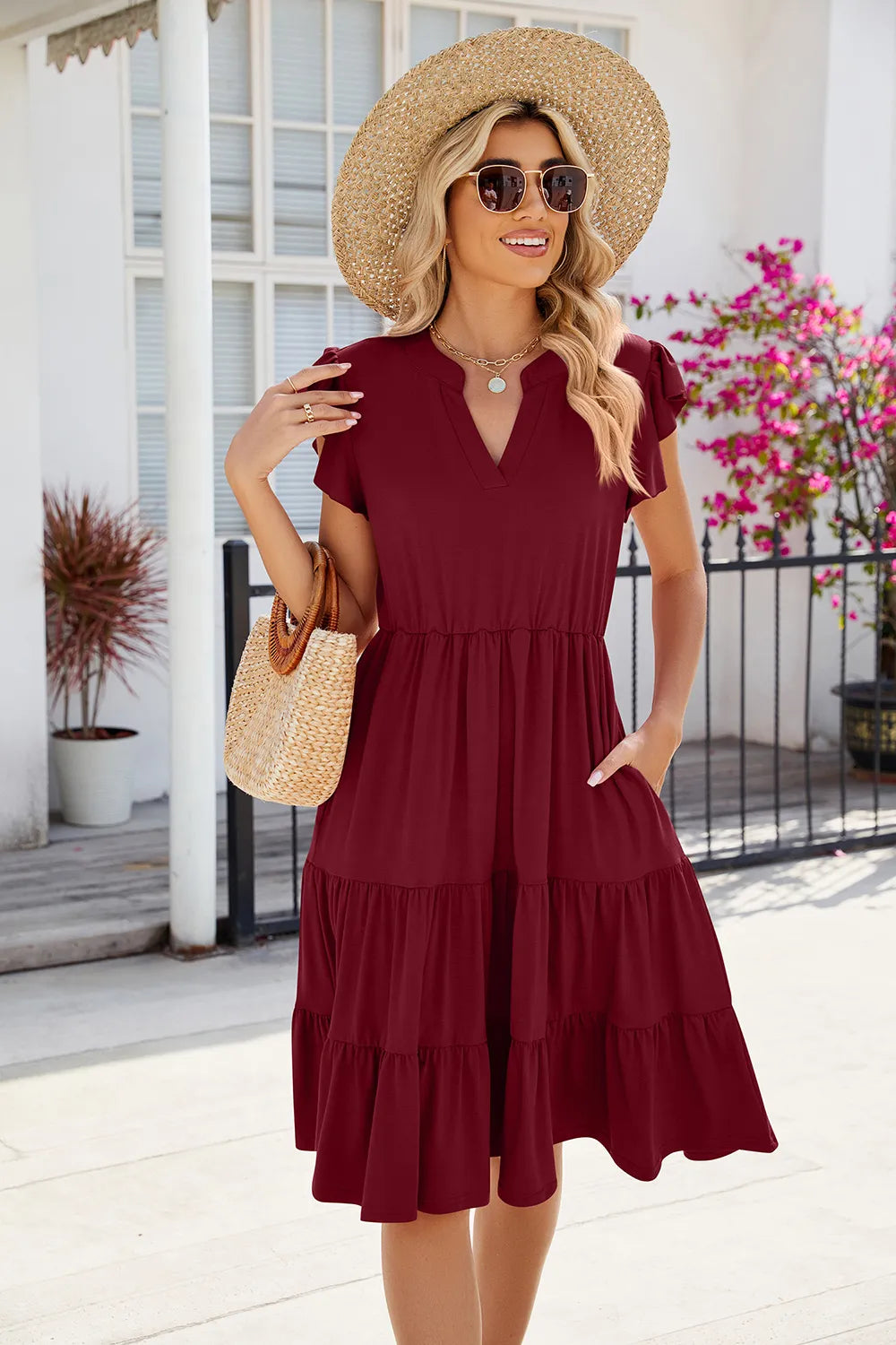 Burgundy Flutter sleeve tiered midi dress with notched V-neck